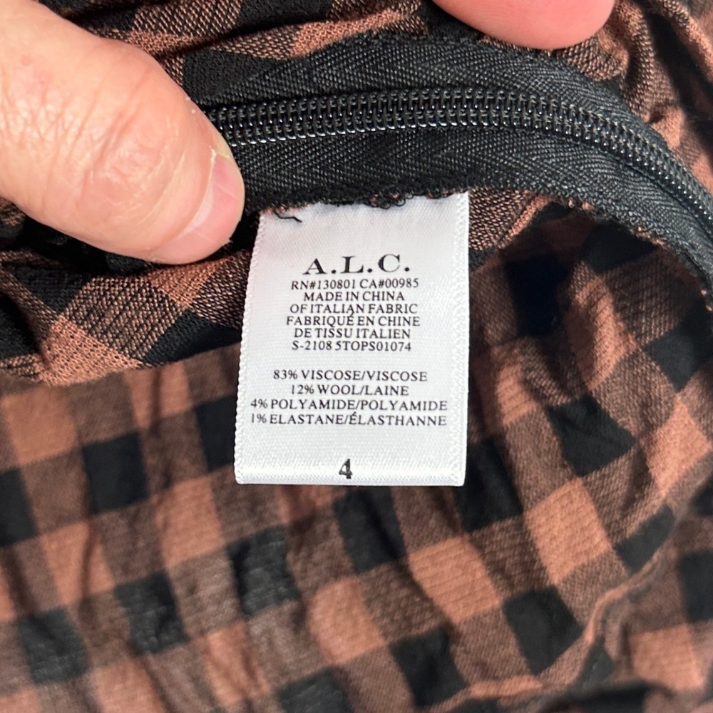 ALC Oryn Black Brandy Brown‎ Top Womens Sz 4 Ruched Long Sleeve Plaid Check Boho - Picture 9 of 16